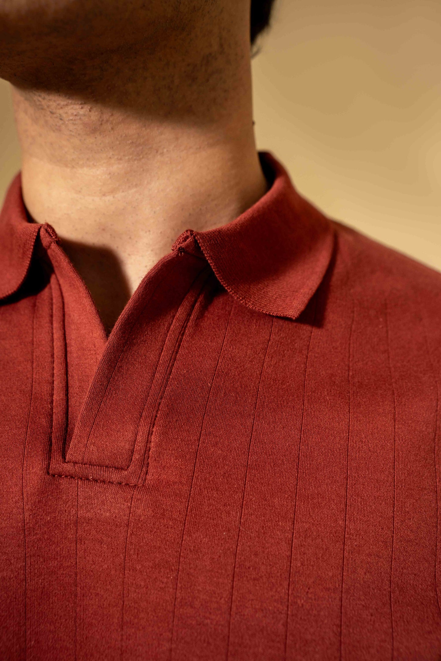 Close-up of a person wearing a red polo shirt with a blurred background