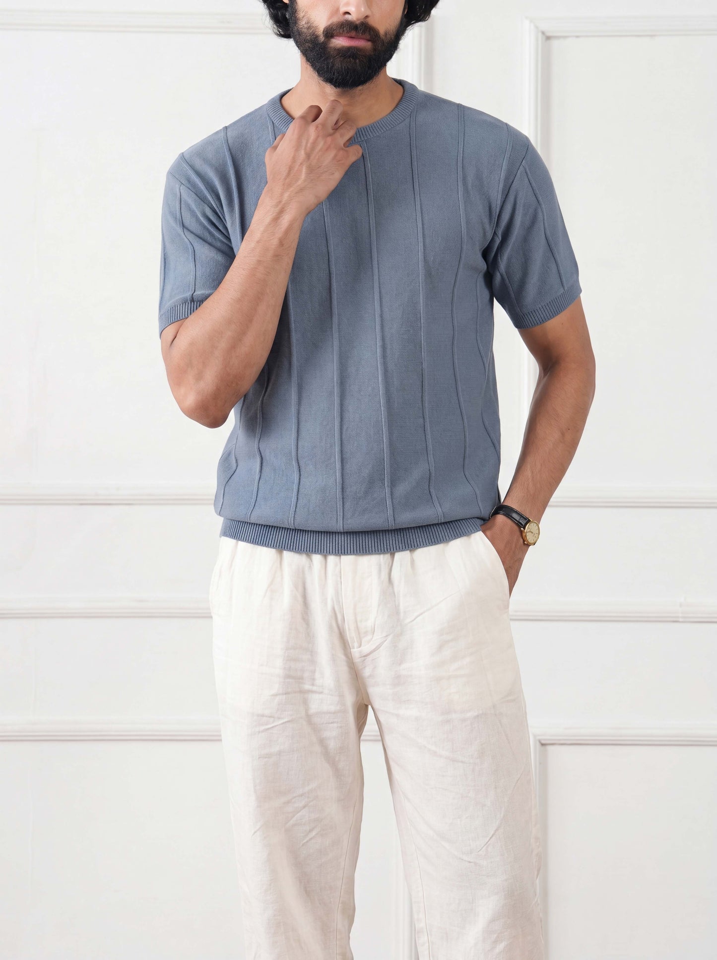 Ribbed Knit Tee Faded Denim