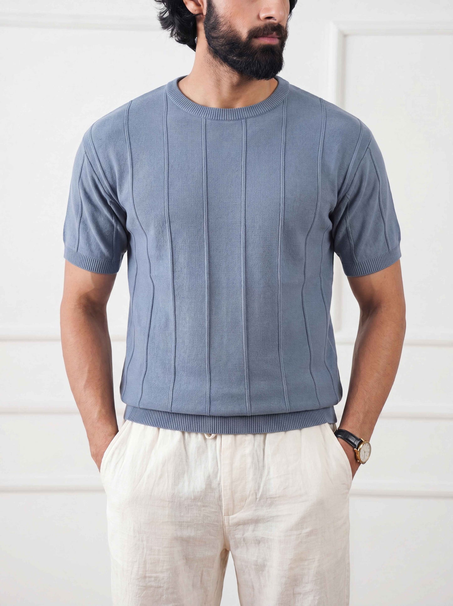 Ribbed Knit Tee Faded Denim