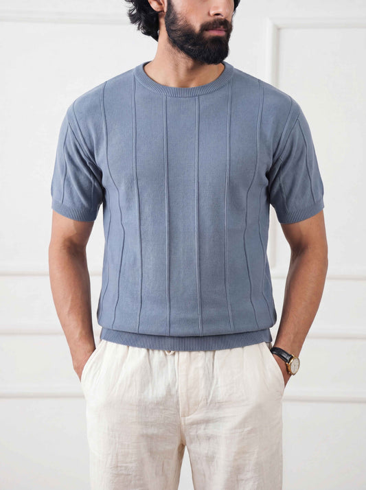 Ribbed Knit Tee Faded Denim